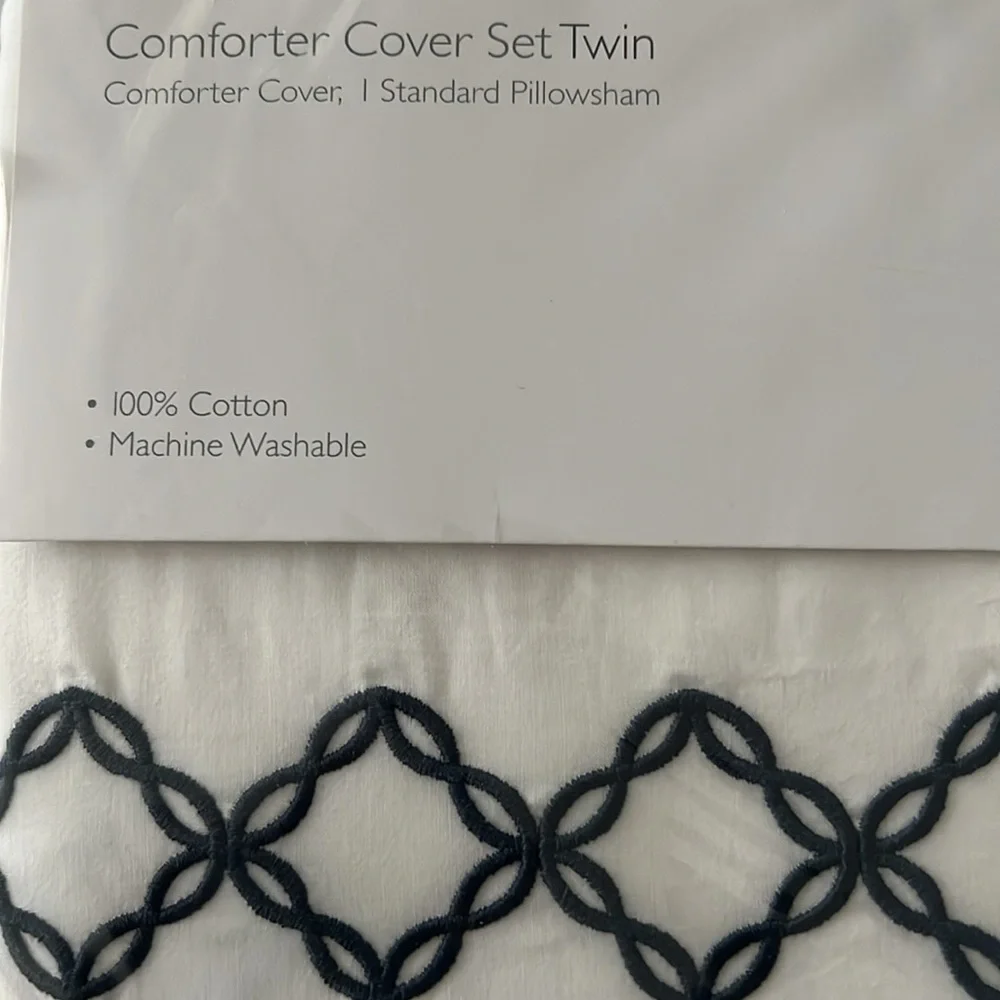Sky NAVY Embroidered Percale Duvet Cover and Shams Set, Twin NEW w/Tag $230